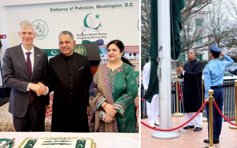 واشنگٹن: یومِ پاکستان کے موقع پر پاکستانی سفارتخانے میں پرچم کشائی کی تقریب